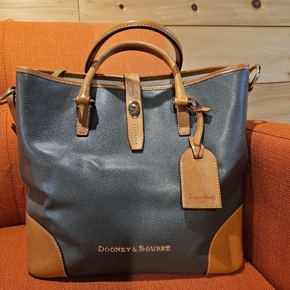 Dooney & Bourke Denim Blue and Tan ShelbTote with Leather Accents